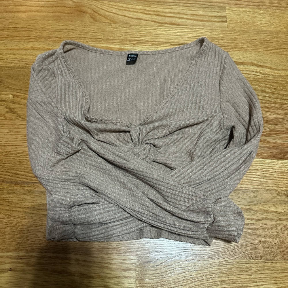 SHEIN Taupe Ribbed Twist Front Blouse
